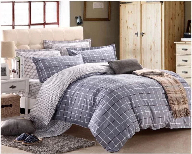 organic jersey bed set-Grey Grid 3-Piece 100% Cotton Bedding Set: Duvet Cover and Pillowcases