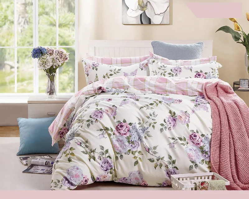 cooling jersey comforter-Pink Purple Roses 3 Piece 100% Cotton Bedding Set: Duvet Cover and Pillow Shams