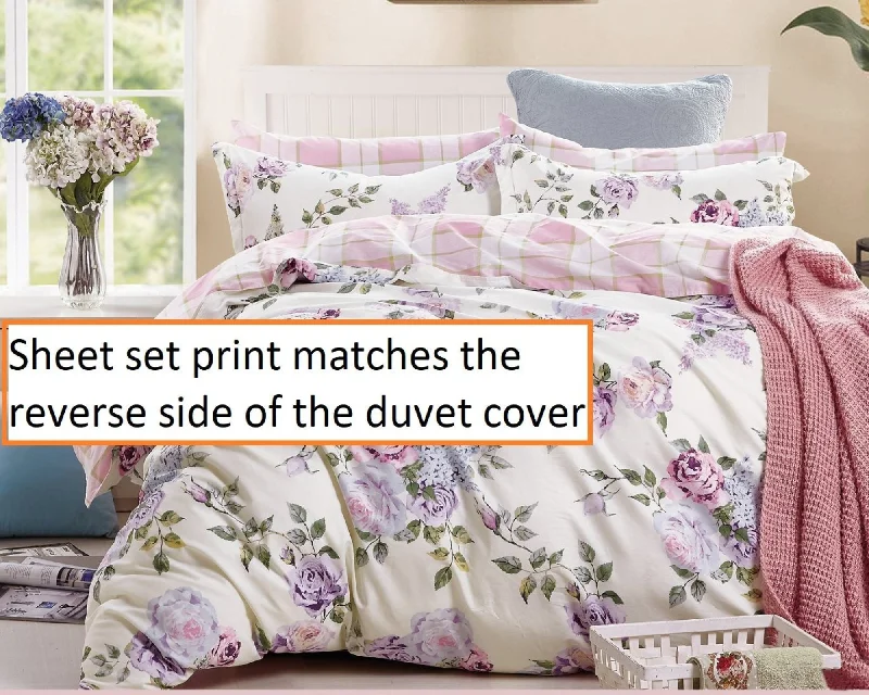 lightweight bamboo comforter-Pink Purple Roses 100% Cotton Sheet Set: Fitted Sheet, Flat Sheet and Two Pillowcases